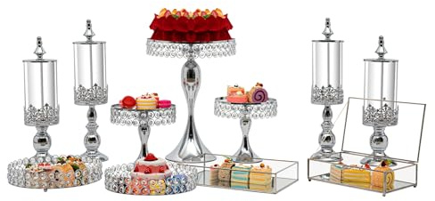 Juego de 11 soportes plateados para tartas, soporte para tartas de boda, vintage, soporte para exhibición de tartas con borde de cristal y bandeja de exhibición, juego de exhibición de mesa de postre