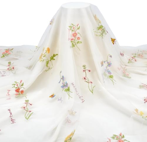 CABODYALS Tessuto in Tulle Ricamato Floreale Bianco da 170cm Vintage Traspirante in Garza di Poliestere con Fiori Colorati per Cucire Realizzare Decorazioni per La Casa Matrimoni Abbigliamento Access