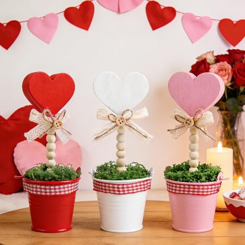 Fangoo 3 Pezzi Mini Cartelli in Legno a Forma di Cuore Decorazioni per San Valentino Rosa Bianco Rosso Decorazione Con Cuori per Centrotavola Da Tavolo Matrimonio San Valentino Casa Regali Feste