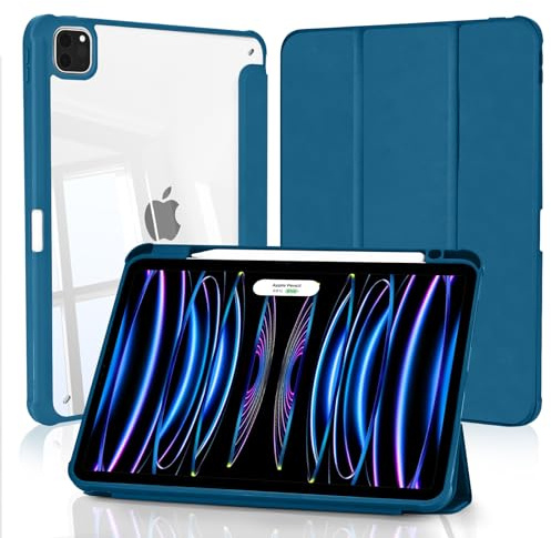 4UBonLife Custodia per iPad Pro 11 pollici 2022/2021/2020/2018 (4a/3a/2a/1a Generazione) con Portapenne, Cover Retro Rigido Chiaro Trasparente, Smart Case Antiurto Anti-Ingiallimento, Blu Pavone