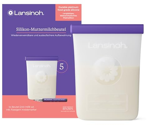 Lansinoh Bolsas de leche materna de silicona, reutilizables, para almacenar leche materna a prueba de fugas en el frigorífico o congelador, 5 unidades con marcador de tiza – 240 ml
