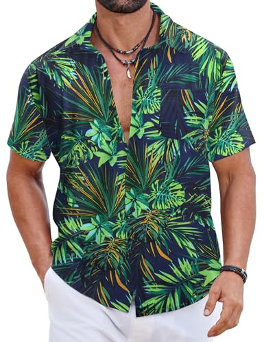 COOFANDY Camisas Hawaianas Hombre 100% Algodón, Camisas Verano Manga Corta Botonadas, Tops Tropicales Playa Corte Regular PAT1 XXXL