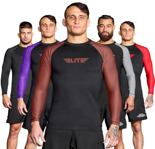 Elite Sports New Item Full Long Sleeve Compression, MMA, BJJ, No-Gi, Cross Training Rash Guard (Brown, Large)