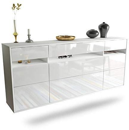 Dekati Sideboard Manchester hängend (180x77x35cm) Korpus Weiss matt - Front Hochglanz Weiß - Push to Open - Leichtlaufschienen