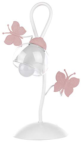 ONLI Lampada da Tavolo in Metallo Farfalle dipinte Vetro Trasparente 6 W, Bianco/Rosa