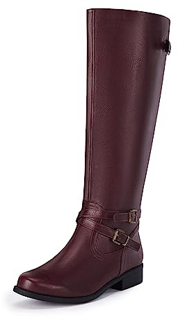Ermonn Womens Knee High Boots Wide Calf Flat Low Heel Side Zipper Faux Leather Fashion Winter Riding Boot