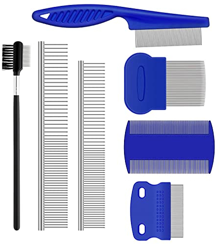 7 Stück Hundekämme-Set, Edelstahl Hund Katze Floh Läuse Kamm mit abgerundeten Zähnen, Haustier Tränenfleckentferner Kamm, Professionelles Haustierpflege-Werkzeug für kleine, mittelgroße und große