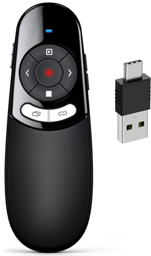DINOSTRIKE 2 in 1 Type C and USB Presentation Clicker for Powerpoint Presentations,RF 2.4GHz Wireless Presenter Remote Slide Advancer with Volume Control for Mac Laptop Computer Office Classroom
