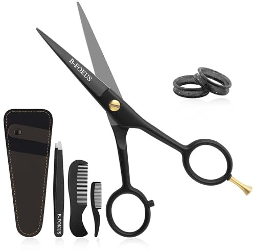 B-FOKUS Tijeras profesionales para bigote y tijeras para barba, kit de barba de acero inoxidable alemán de 5 pulgadas para hombres, presentación con funda de piel sintética, juego de 2 peines, kit