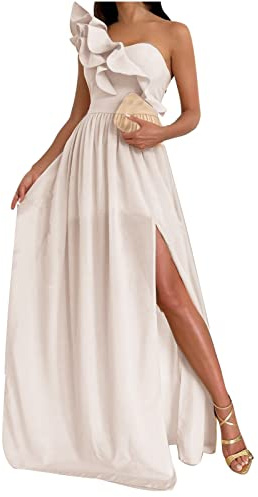 2023 Vestidos Largo Mujer Moda Color sólido Fiesta Vestido de Noche un Hombro Volante Elegante Vestidos de Cóctel sin Manga Extra Larga Casual Vestido Partido Novia Boda Vestir