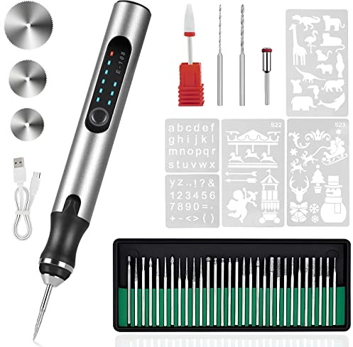 HOTROSE Electric Engraving Pen with 37 Bits, USB Rechargeable Cordless Engraving Machine, Portable DIY Rotary Engraving for Jewelry, Wood, Glass, Stone Carving (Silver)