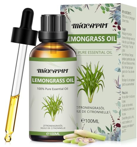 MIGCAPUT Huile Essentielle de Citronnelle 100ML, Huile Essentielle Aromathérapie 100% Naturelle pour Diffuseur, Humidificateur, Huile de Citronnelle de Qualité pour Rafraîchissant, Anti-moustique