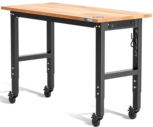 WORKPRO Garage Workbench, 48X22 Adjustable Workbench with Wheels, Rubber Wood Top Heavy-Duty Workstation with Power Outlets, 1000 LBS Stationary Load Capacity, for Workshop, Garage