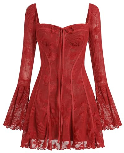 IBAKOM Mini vestido sexy para mujer vintage largo vestido de manga campana, vestido de fiesta floral con volantes de encaje una línea de flowy, rojo, S