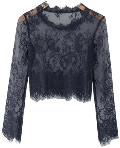 YEKEYI Maglia da donna a maniche lunghe in rete, blusa trasparente con pizzo floreale, top in pizzo, a nero, L