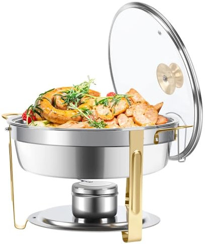 Chafing Disk Buffet Set Rostfritt stål Chafing Disk Buffet Set, Runda Chafers Värmare med glaslock for catering, fester och bröllop, Guld, 2Pack(Gold,1Pack)