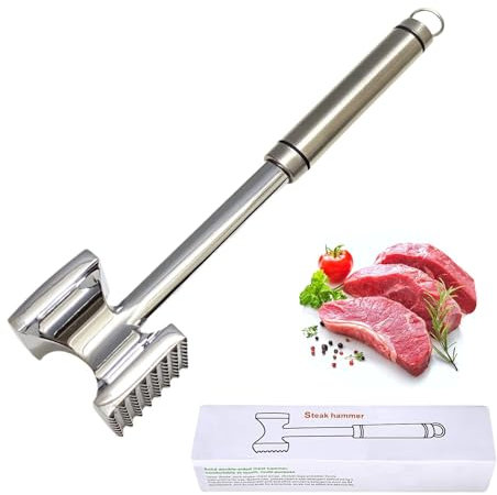 Fleymu Attendrisseur de Viande en INOX, Marteau à Viande Professionnel Double Face 28 cm, Marteau à Viande de Cuisine, Lavable au Lave-Vaisselle, Marteau à Steak, pour Attendrir la Viande, Steak