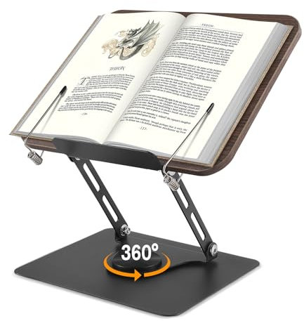 Wooden Book Stand, Book Holder Adjustable Height from 4.4 to 39 cm, Foldable Design, 360° Rotation, Cookbook Stand Elastic Book Clip, Book Holder for Tablet, Reading,Cooking Recipe