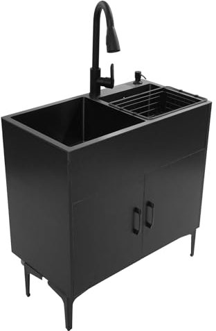 AOOUNGM Évier de cuisine en acier inoxydable avec meuble inférieur, double lavabo, avec cabinet et robinet extensible, pour restaurant, cuisine domestique
