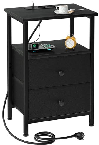 AMHANCIBLE Sängbord med laddningsstation, sidobord med tyglåda, soffbord med öppen hylla, med USB-portar och uttag, nattduksskåp för sovrum, vardagsrum, svart HETS020BK-1 | Soffbord med öppen hylla, 2 USB-portar och 2 uttag, nattduksbord för sovrum, vardagsrum, svart HETS020BK-1