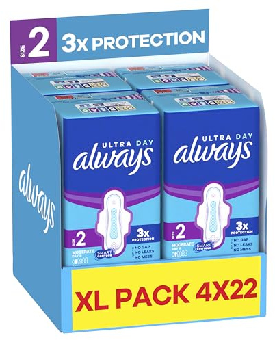 Always Ultra Sanitary Towels, Size 2 Long, Extra Large Pack, 88 Count, Super Absorbent, Ultra Thin Pads with Wings for Moderate Flow
