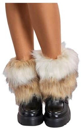 WDIRARA Women's Faux Fur Ankle Leg Warmers Fuzzy Leg Cuffs Winter Cuff Covers Brown White One-Size