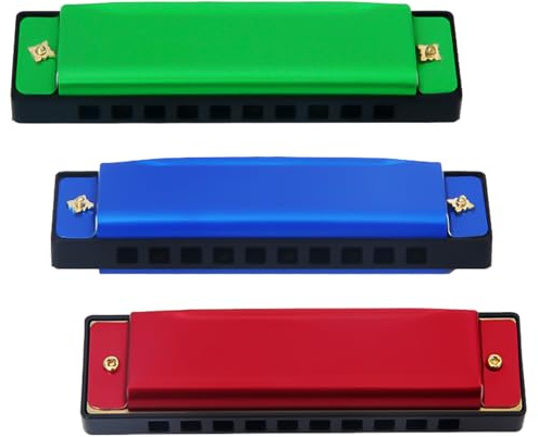 IDNVFY 3 Piezas De Armónica De 10 Orificios Y 20 Tonos, Armónica para Principiantes, Qin para Niños, Instrumento Musical Educativo, Adecuado para Niños, Adultos, Principiantes(Azul, Rojo, Verde).