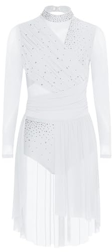 Aislor Robe Danse Contemporaine Femme Robe Danse Latine Lyrique Tenue Justaucorps Gymnastique Patinage Artistique Strass Manches Longues Blanc XL