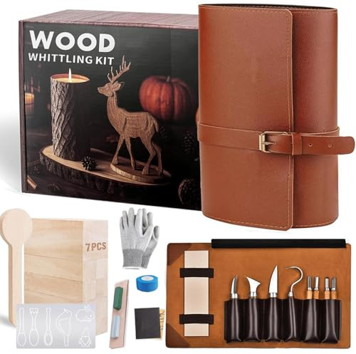 CHAMSUREUK Wood Working Tools Kit, 25PCS Professional Woodworking Set, Durable Wood Working Tools with Luxury Leather Case, Basswood Blocks, Gift for Adults Beginners DIY Fun