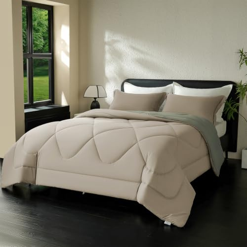 beeweed Edredón reversible para todo el año, 240 x 220 cm, certificado Öko-Tex, 300 g/m², para las 4 estaciones, edredón de microfibra suave con fundas de almohada, color caqui y verde oscuro
