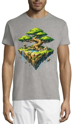 Flytande ö med forntida träd och vattenfall rund hals bomull herr t-shirt grå