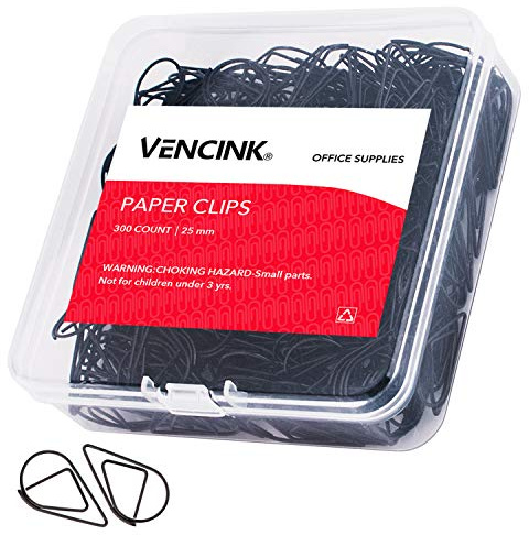 Black Cute Paper Clips, VENCINK 300 Pieces Smooth Stainless Steel Drop-Shaped Wire Small Paperclips for Office Supplies Wedding Women Girls Kids Students Paper Document Organizing (1 inch)