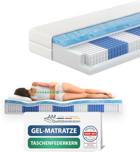 AM Qualitätsmatratzen Premium Gel-Taschenfederkernmatratze 160x200cm H2 24cm - Made in Germany & Oeko TEX Siegel - 7 Zonen Gel-Federkernmatratze 160x200 mit 1000 Federn & Lyocell Bezug