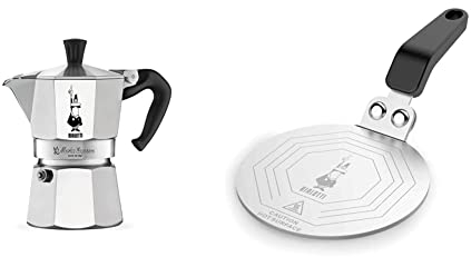 Bialetti Moka Express Cafetera Italiana Espresso, 12 Tazas, Aluminio + DCDESIGN08 Difusores de calor, adaptador para el utilizo de cafeteras y baterías de cocina sobre placas de inducción, Metal