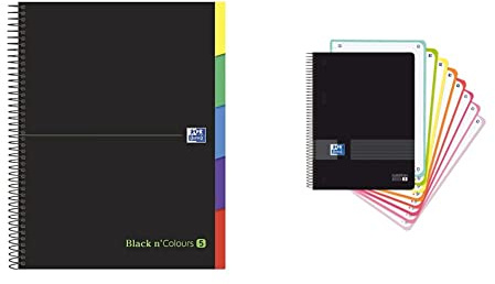 Oxford, Carnet A4 quadrillé 5 x 5, couvercle extra long, 100 feuilles microperforées, 5 onglets séparables, noir & Cahier A5 quadrillé 5 x 5, couvercle en plastique, 160 feuilles, 8 boîtes de couleur