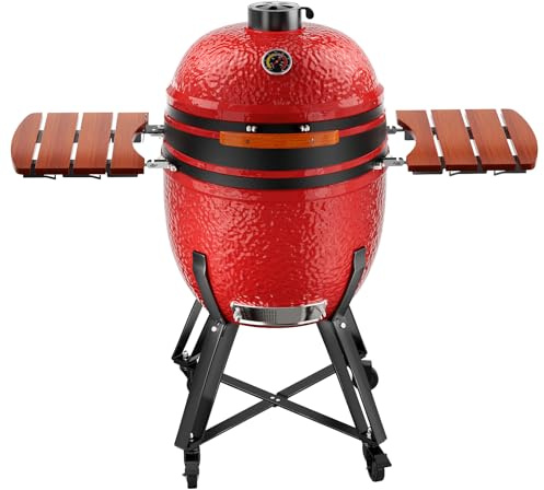 ROOMTEC Kamado - Parrilla de carbón de 23.5 pulgadas con cubierta, parrilla portátil de camping con carrito y estantes laterales, parrilla de barbacoa de mesa para fiestas en casa y cocina al aire