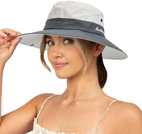 Sombrero de Sol para Mujer, protección UV, Sombrero de Playa de ala Ancha, Sombrero de Pesca con Agujero para Cola de Caballo, Plegable, Plegable, Beige Gris (1 Unidad), M