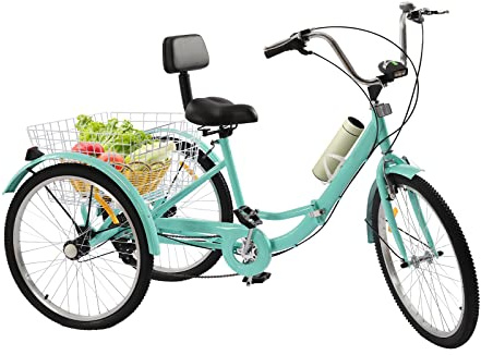 Tricycle pliable de 24 pouces avec porte-gobelet, panier, réglage à 7 vitesses, pneus en caoutchouc, convient aux adultes et aux personnes âgées, tricycle vert