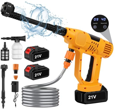 Hochdruckreiniger mit Akku, 65 bar, kabellos, tragbar, 10 einstellbare Geschwindigkeitsstufen, mit Touchscreen, 6-in-1-Mehrzweckdüse, ideal für Autos, Haus, Garten (2 Batterien)