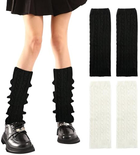 AJUNLKVDR 2 Paar Stulpen Damen,Leg Warmers,Beinwärmer Für Leg,Y2k Beinstulpen Mädchen,Warme Weiß Arm,Ballett Baumwolle Bein,Beine Beinlinge Frauen,Gestrickte Kinder Legwarmers,Schwarz White Women