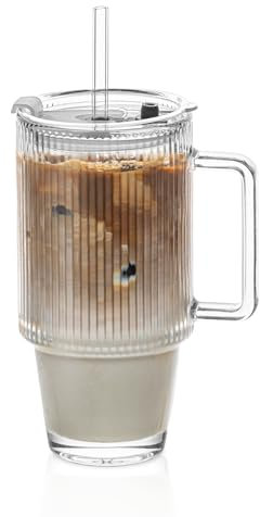KEMORELA 24 Oz Ribbed Glass Tumblers with Lids and Straws, Ribbed Glass Cup with Handle, Iced Coffee Glassware, Clear Reusable Drinkware for Smoothies and Beverages (Ribbed Pattern) (1)