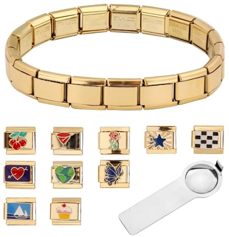 Pulsera Italiana con Dijes, Pulsera Italiana Dorada con Herramienta de Apertura y 10 Dijes Desmontables Dijes de Pulsera Italiana de Acero Inoxidable Pulsera Italiana con Dijes Ajustable