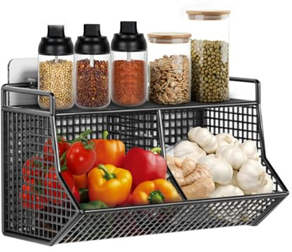 KOLAKO Wire Storage Basket, 30x10x18cm Hanging Kitchen Storage Basket, Black Metal Wire Basket with Adhesive Hooks, Wall Mounted Basket Organiser for Vegetables, Fruit