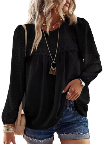 TUUHAW Womens Tops Autumn Round Neck Flowy Chiffon Boho Lace Tunic Shirts | Long Sleeve Tunic Tops for Women, Boho Crochet Chiffon Blouses, Flowy Lace Hem Clothing, Cute Elegant Business Peasant