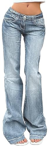 Jeans alla Moda a Gamba Dritta per Donna Elasticizzati a Vita Bassa Jeans a Zampa Larga e Svasati Vintage Lavati Y2k Denim Bootcut con Tasche (Azzurro,M)
