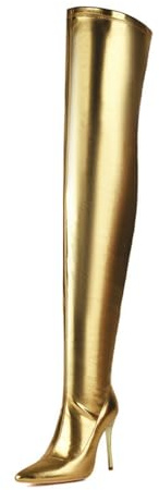 WOkismD Stivali da Donna sopra Il Ginocchio con Tacco a Spillo 11CM, Punta a Punta e Effetto Pelle Slouchy Alti Coscia,d'oro,45 EU