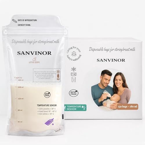 150 Bolsas de Almacenamiento de leche materna Sanvinor - Bolsas Desechables antifugas de 180 ml con Sensor de Temperatura, Libres de BPA, Aptas para Congelar
