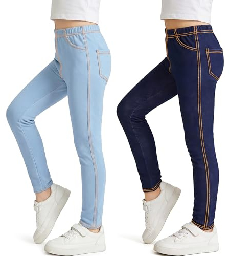 Tokeya Girls Leggings Jeans-Look 2 Pack Skinny Stretchy Jeggings 6-13 Years | Kids Full Length Tights Trousers, Denim Looks, High Waist, Slim Fit, Pockets, Breathable Soft Casual Daily Wear for Children
