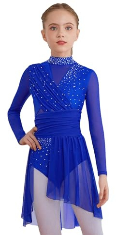 Oyolan Robe Danse Classiuqe Fille Tenue Patinage Artistique Strass Manches Longues Justaucorps Ballet Robe Danse Contemporaine Lyrique A Bleu 11-12 Ans