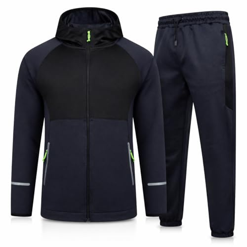 Comfort Collections Men’s Tracksuit Set – Hooded Zip Up Jacket & Jogger Bottoms, Zipped Pockets, Reflective Detail, Gym Running Casual Sportswear (UK, Alpha, XL, Regular, Regular, Black/Navy)